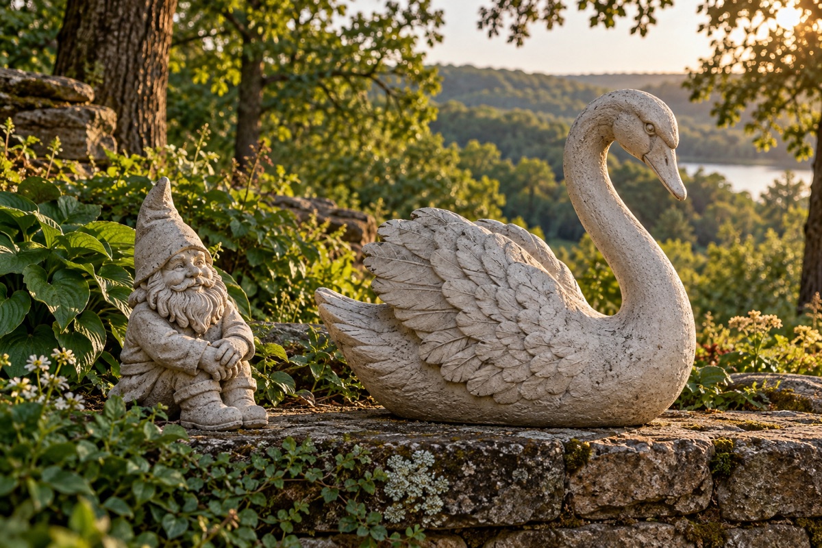 Illustrative garden swan and gnome
